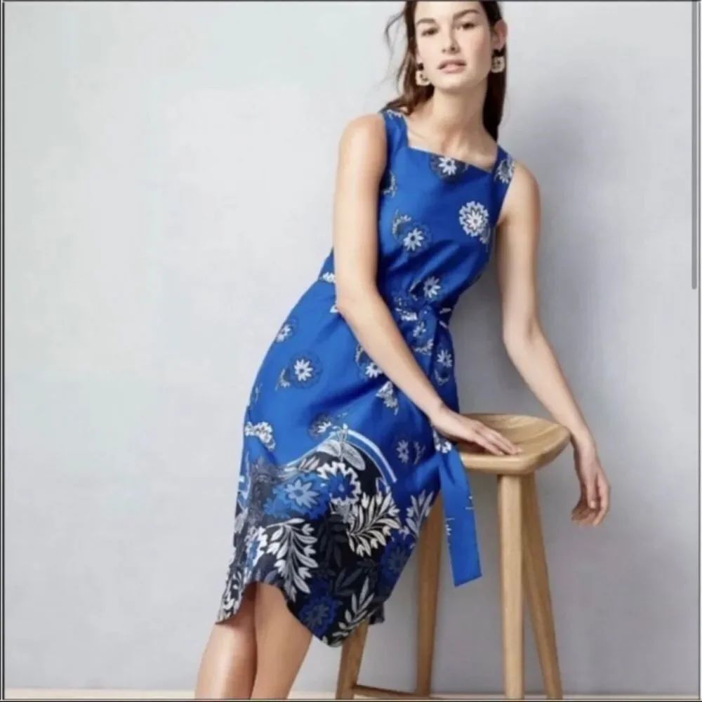 Ann Taylor Petite Blue Floral Poplin Square Neck A-Line Midi Dress Size 12
